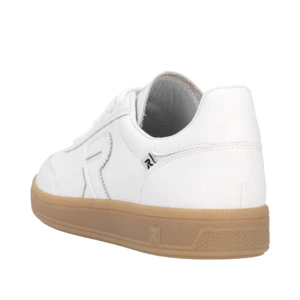 Rieker W2200-80 women's wide white suede lace-up trainers with gum sole, stylish casual athletic shoes.