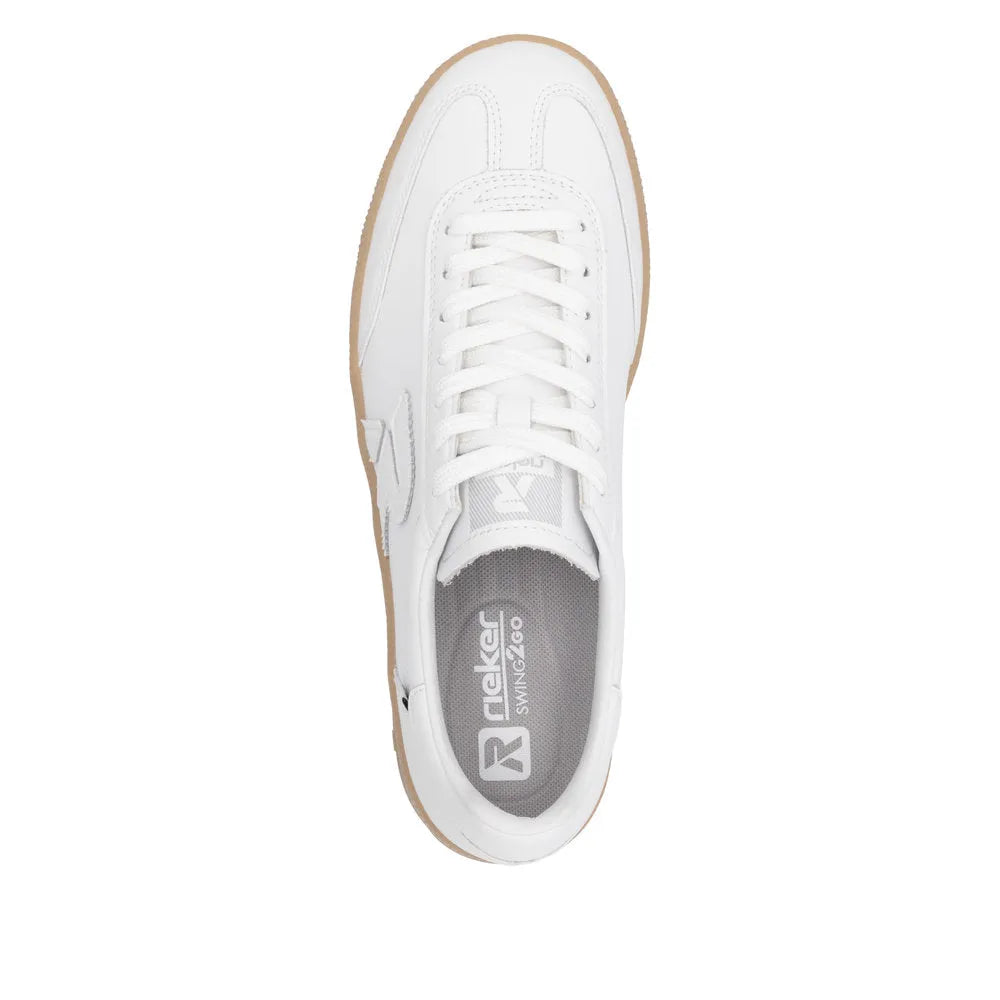 Rieker W2200-80 women's wide white suede lace-up trainers, casual sneakers with gum sole, stylish and comfortable footwear.