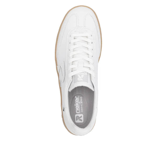 Rieker W2200-80 women's wide white suede lace-up trainers, casual sneakers with gum sole, stylish and comfortable footwear.