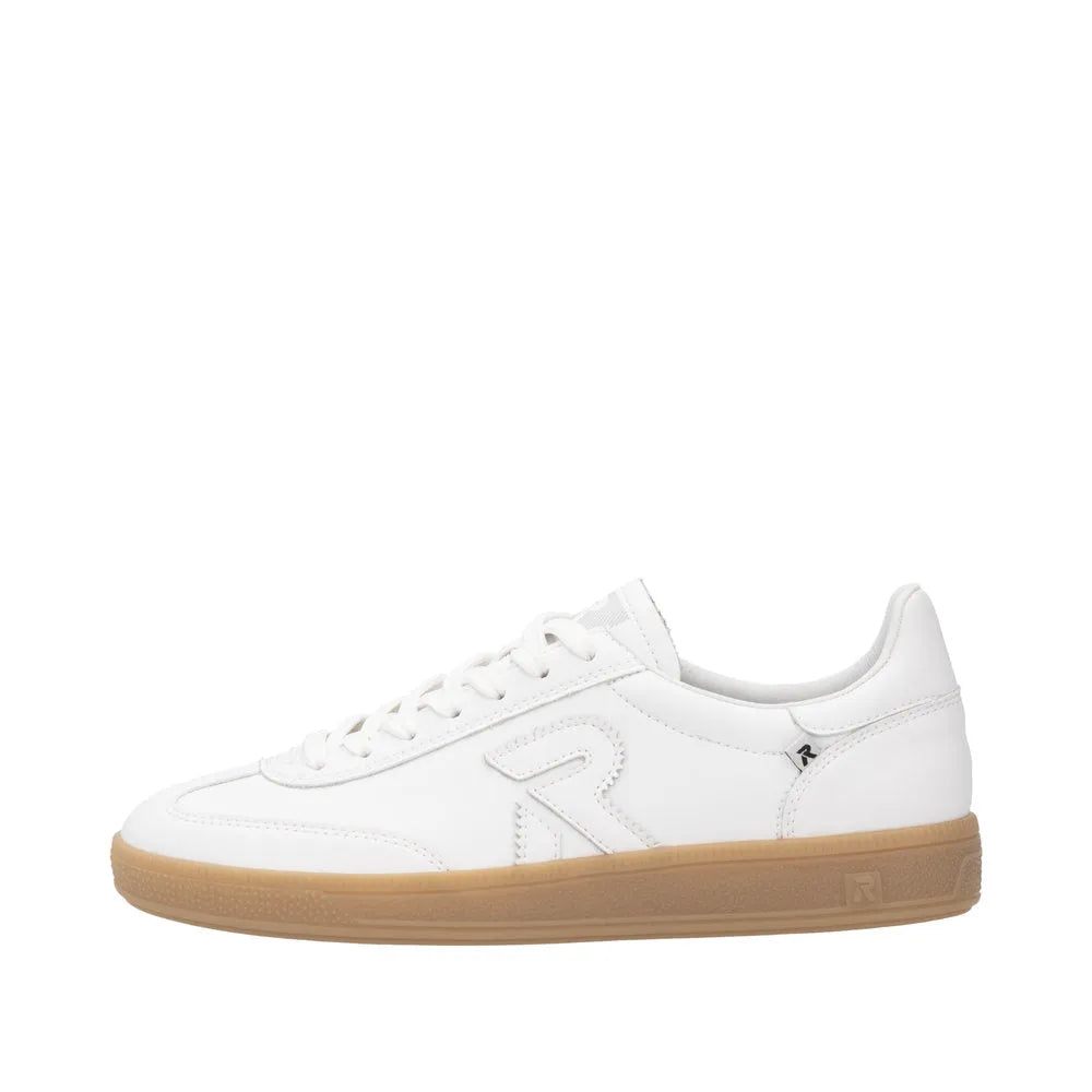 Rieker W2200-80 women's white suede lace-up trainers with wide fit and tan rubber sole, casual athletic footwear.