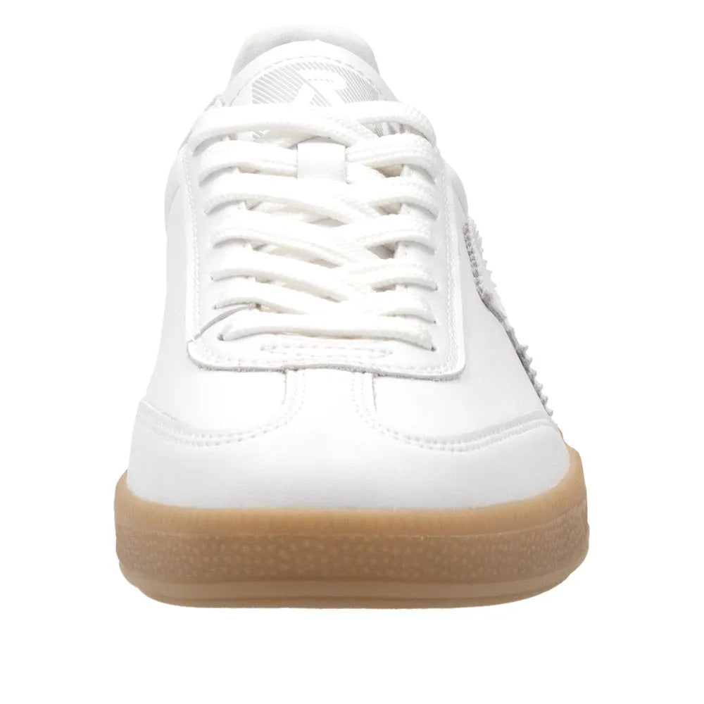 Rieker W2200-80 women's wide white suede lace-up trainers with gum rubber sole, stylish athletic shoe for casual wear.
