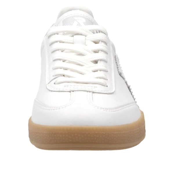 Rieker W2200-80 women's wide white suede lace-up trainers with gum rubber sole, stylish athletic shoe for casual wear.