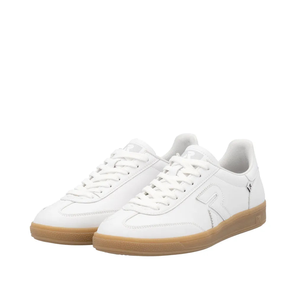 Rieker W2200-80 women's wide fit white suede lace-up trainers with gum rubber soles.
