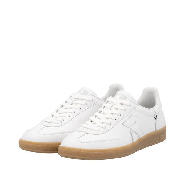Rieker W2200-80 women's wide fit white suede lace-up trainers with gum rubber soles.