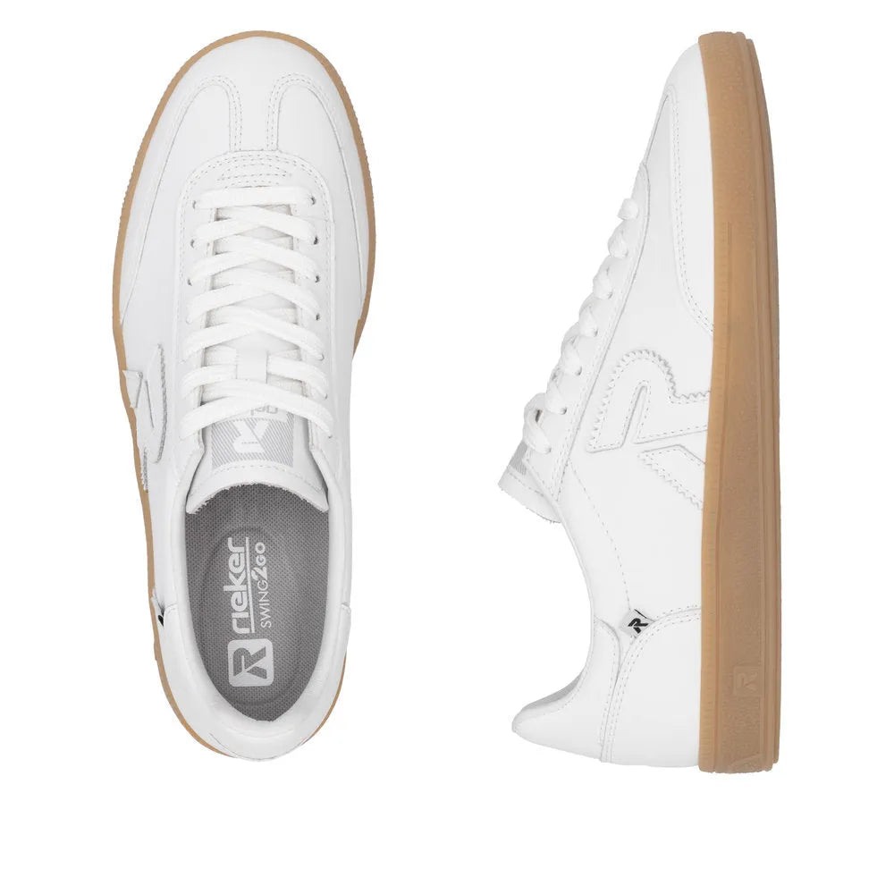 Rieker W2200-80 women's white suede lace-up trainers with wide fit and gum sole.