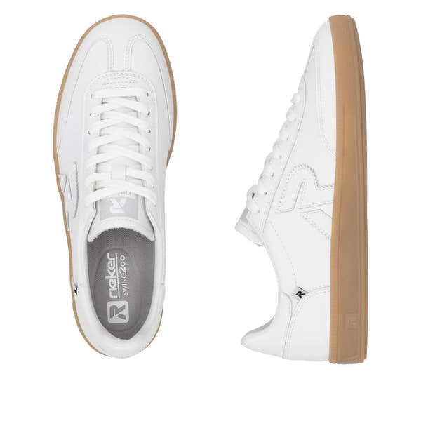 Rieker W2200-80 women's white suede lace-up trainers with wide fit and gum sole.