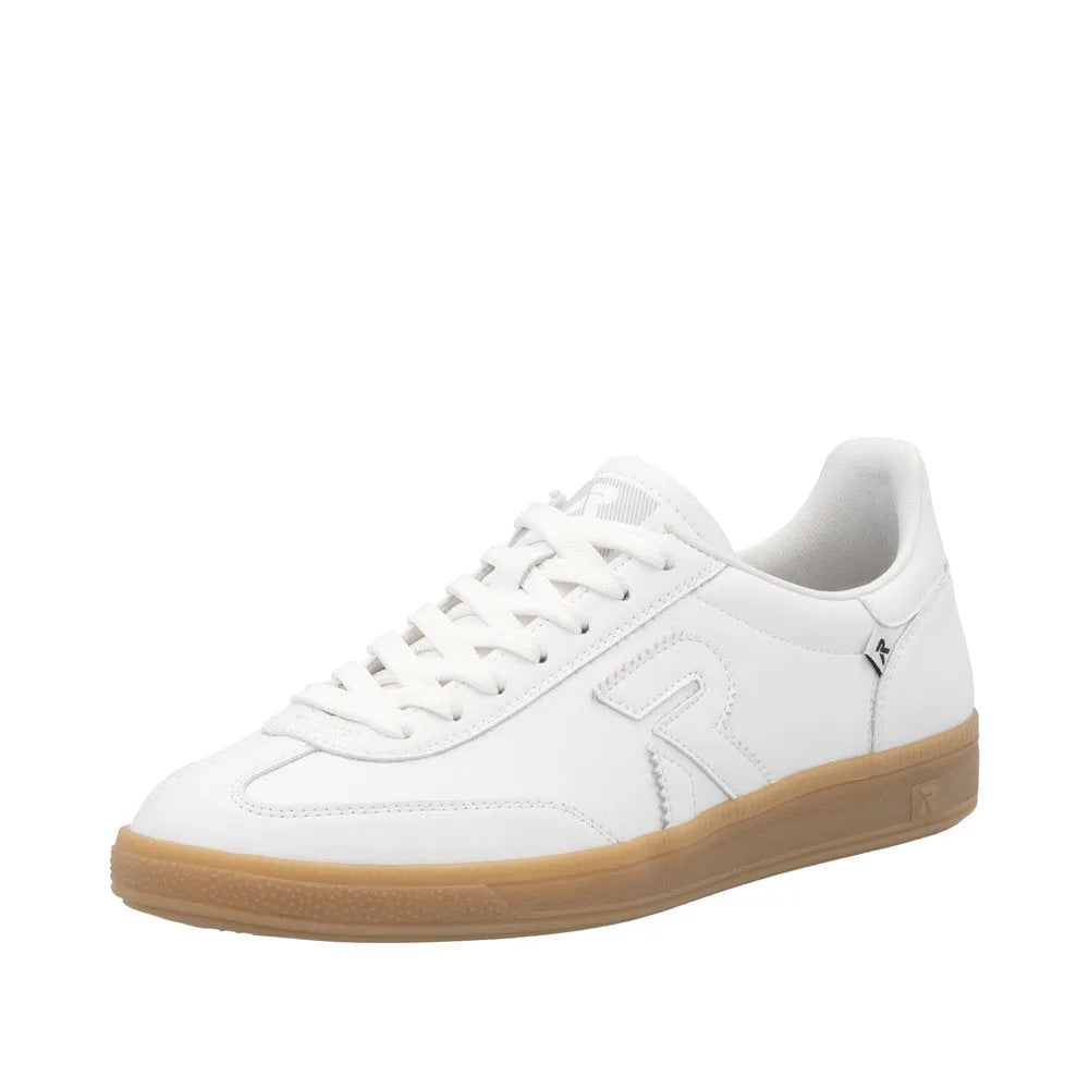Rieker W2200-80 women's white suede lace-up trainers with gum sole, stylish and comfortable casual footwear.