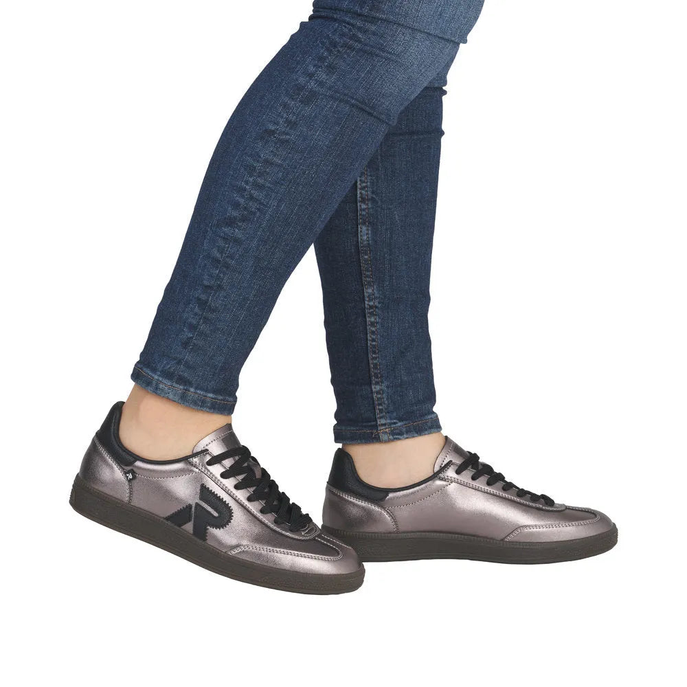 Rieker W2200-91 ladies silver leather lace-up trainers, stylish casual sneakers with black accents and durable sole.