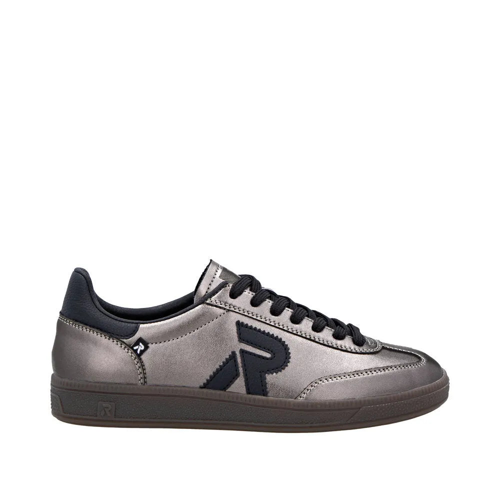 Rieker W2200-91 Ladies silver/platinum leather lace-up trainers with black accents and logo detail.