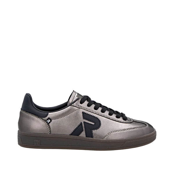 Rieker W2200-91 Ladies silver/platinum leather lace-up trainers with black accents and logo detail.
