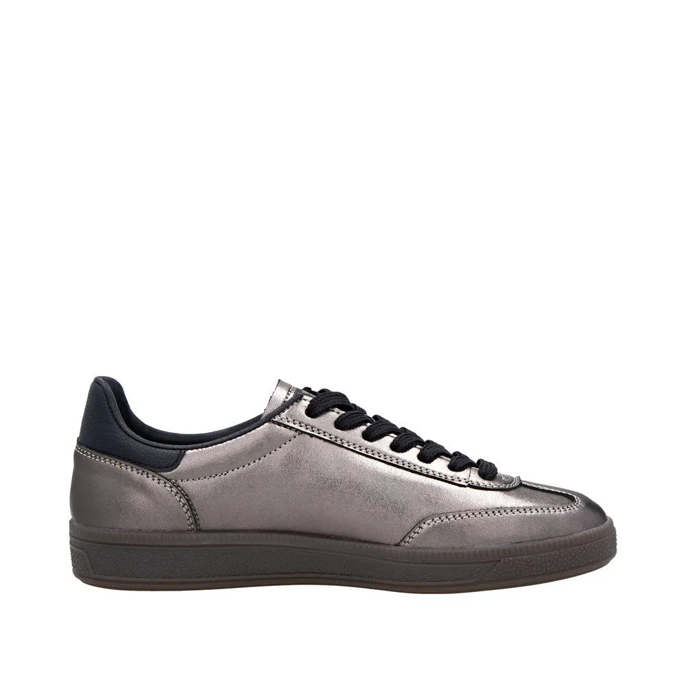 Rieker W2200-91 women's silver/platinum leather lace-up trainers with black accents, stylish casual footwear.