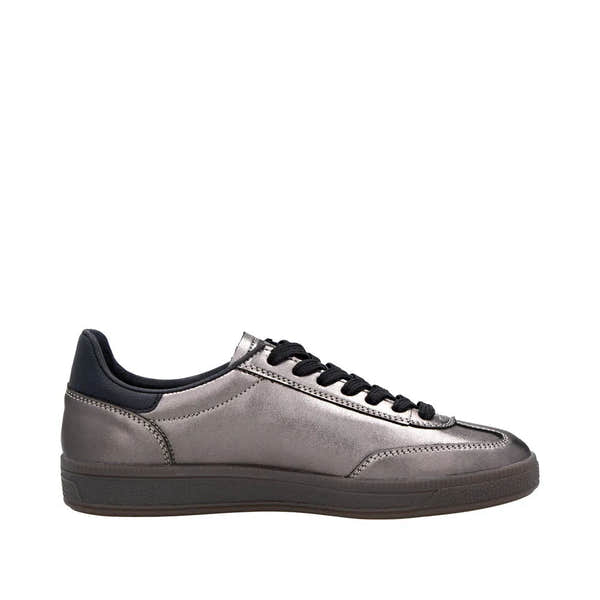 Rieker W2200-91 women's silver/platinum leather lace-up trainers with black accents, stylish casual footwear.