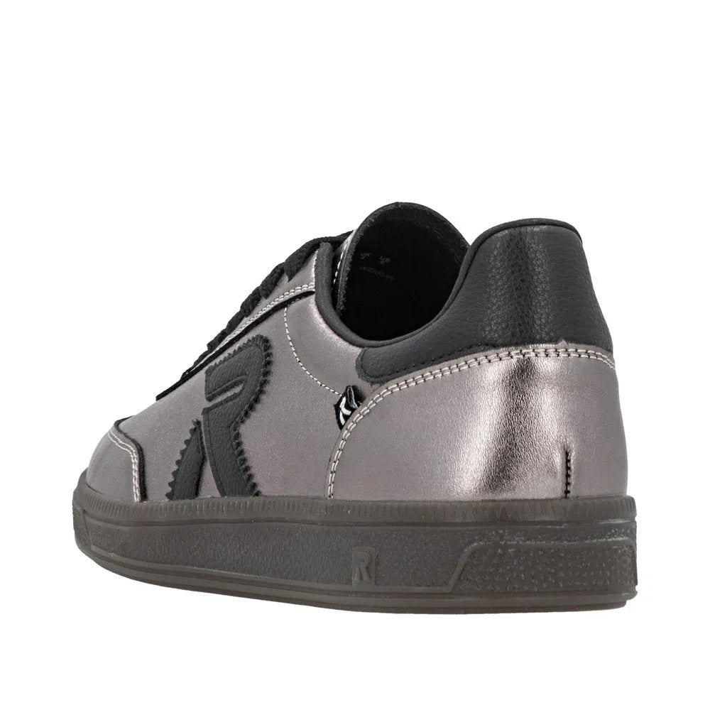 Rieker W2200-91 ladies silver and black leather lace-up trainers with stylish design and cushioned sole.