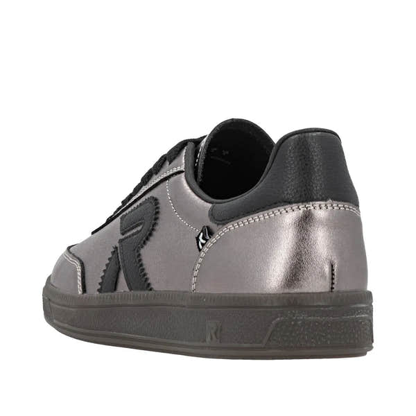 Rieker W2200-91 ladies silver and black leather lace-up trainers with stylish design and cushioned sole.