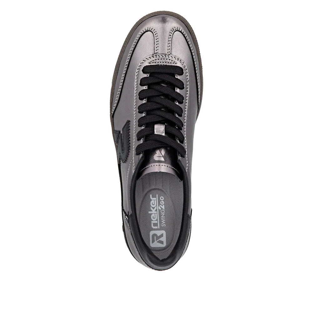 Rieker W2200-91 ladies silver/platinum leather lace-up trainers with black laces and sporty design.