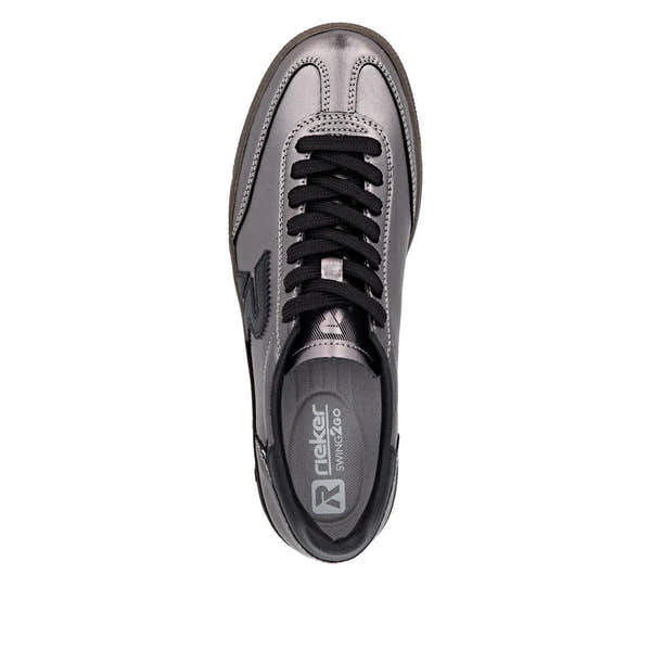 Rieker W2200-91 ladies silver/platinum leather lace-up trainers with black laces and sporty design.