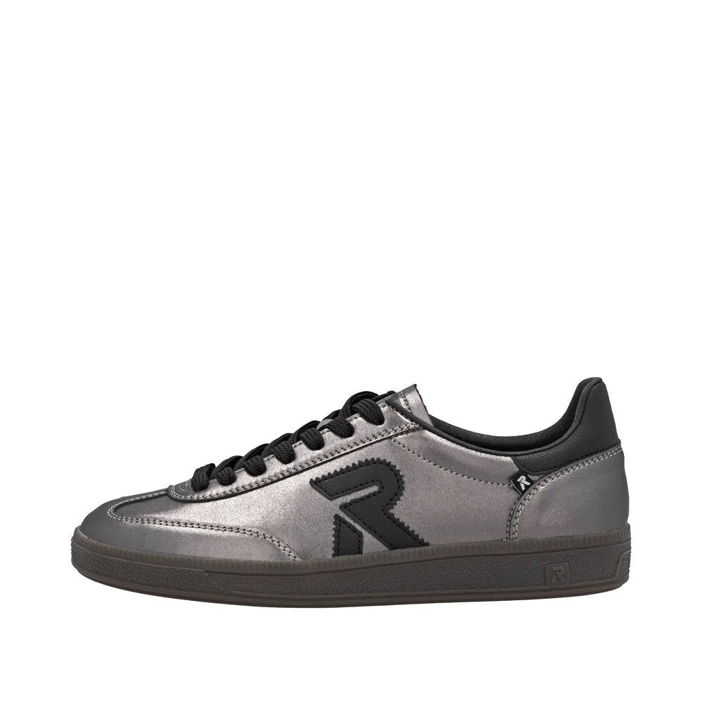Rieker W2200-91 Ladies Silver/Platinum Leather Lace-Up Trainers, stylish casual sneakers with black accents and durable sole.