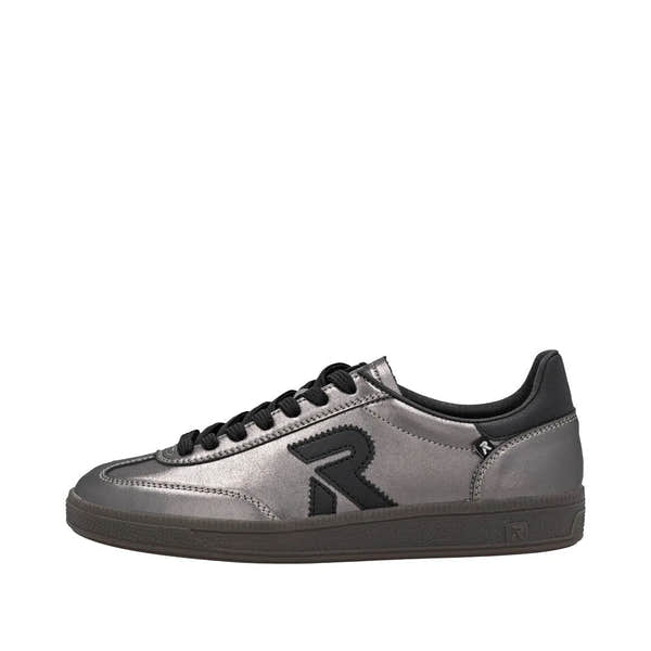 Rieker W2200-91 Ladies Silver/Platinum Leather Lace-Up Trainers, stylish casual sneakers with black accents and durable sole.