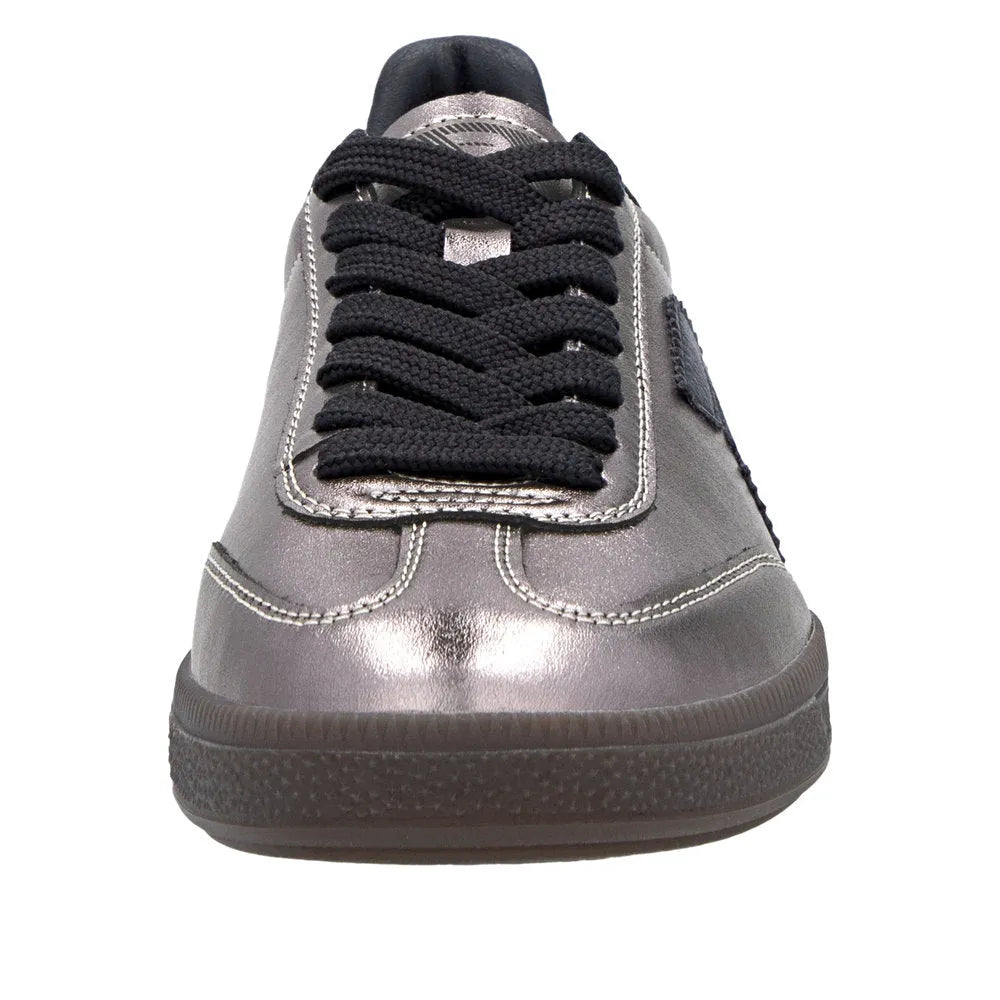 Rieker W2200-91 women's silver and platinum leather lace-up trainers with black laces and sporty sole.