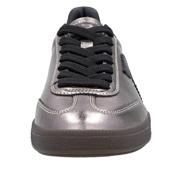 Rieker W2200-91 women's silver and platinum leather lace-up trainers with black laces and sporty sole.