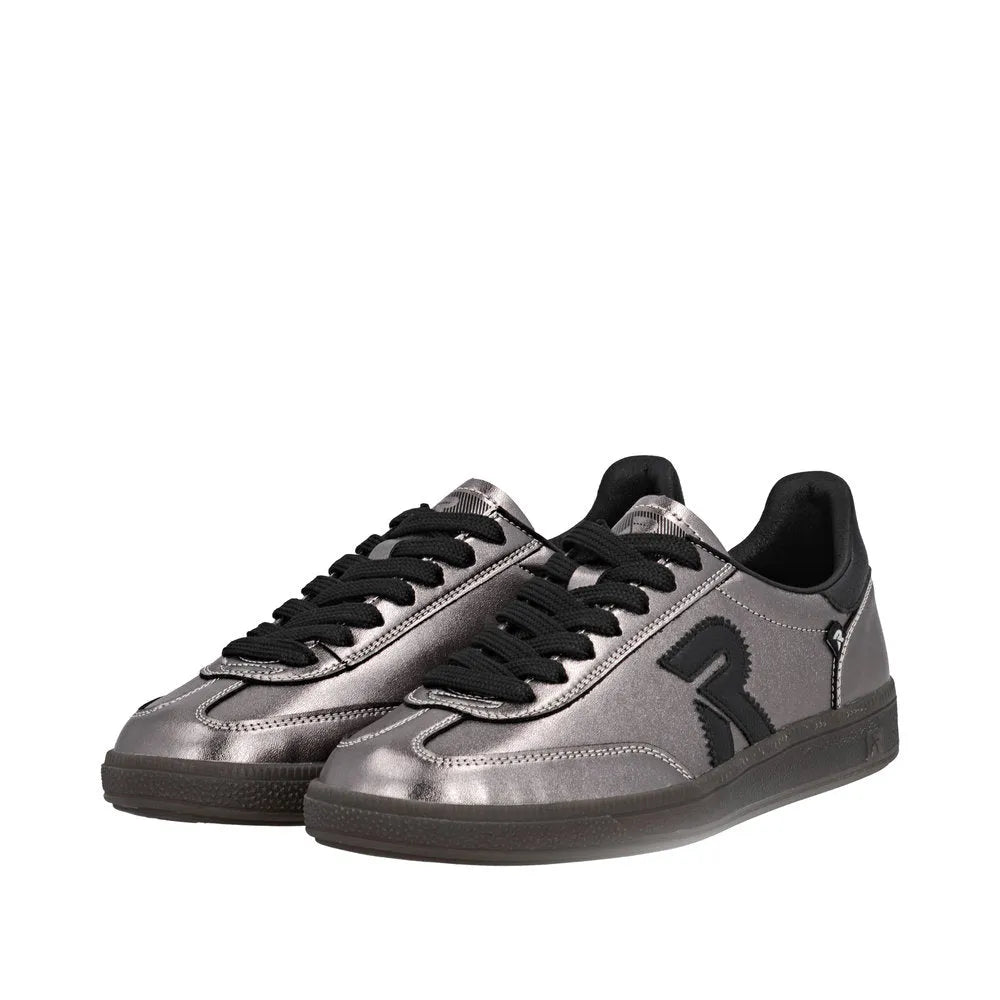 Rieker W2200-91 Ladies silver/platinum leather lace-up trainers with black laces and cushioned black collar.