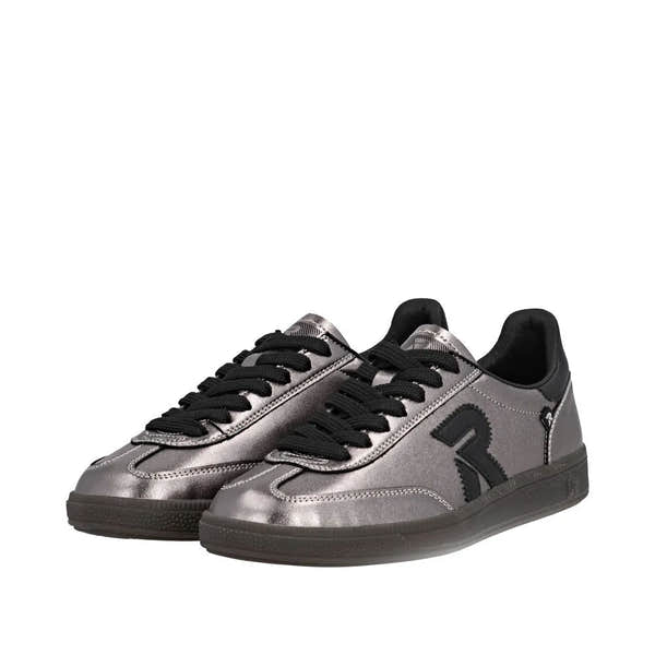 Rieker W2200-91 Ladies silver/platinum leather lace-up trainers with black laces and cushioned black collar.