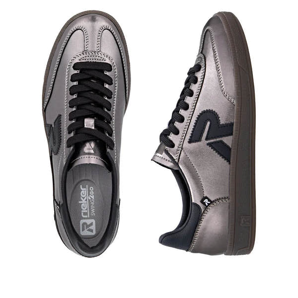 Rieker W2200-91 women's silver and black leather lace-up trainers with stylish design, cushioned insoles, and sporty sole.