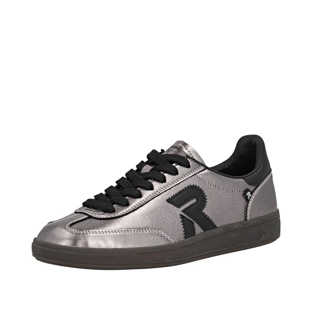 Rieker W2200-91 Ladies Silver/Platinum Leather Lace-Up Trainers with black accents and cushioned collar.