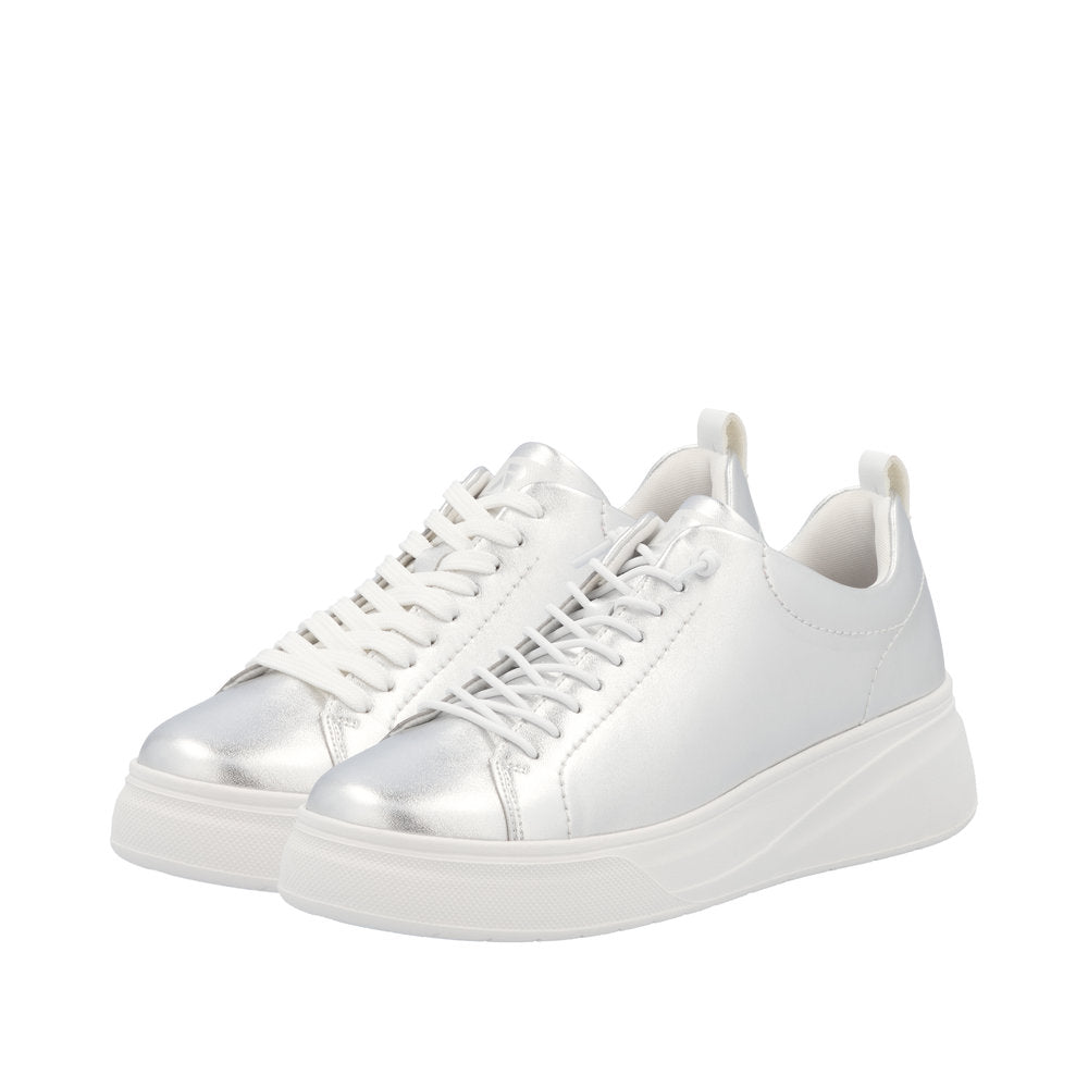 Rieker W2301-90 women's silver leather lace-up sneakers with chunky platform sole. Stylish, comfortable women's casual footwear.