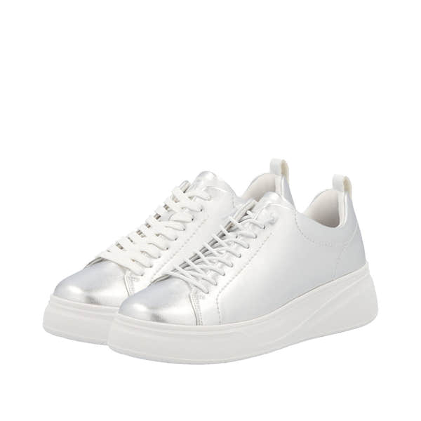 Rieker W2301-90 women's silver leather lace-up sneakers with chunky platform sole. Stylish, comfortable women's casual footwear.