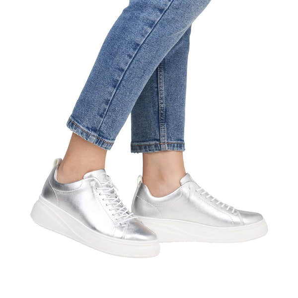 Rieker W2301-90 women's silver leather lace-up sneakers with chunky white sole, stylish and comfortable footwear.