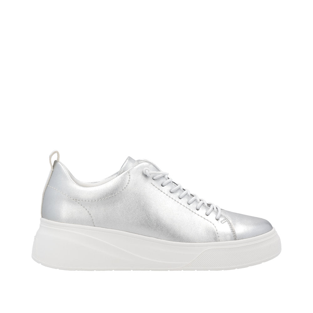 Rieker W2301-90 women's silver leather lace-up sneakers with chunky white sole.