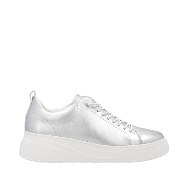 Rieker W2301-90 women's silver leather lace-up sneakers with chunky white sole.
