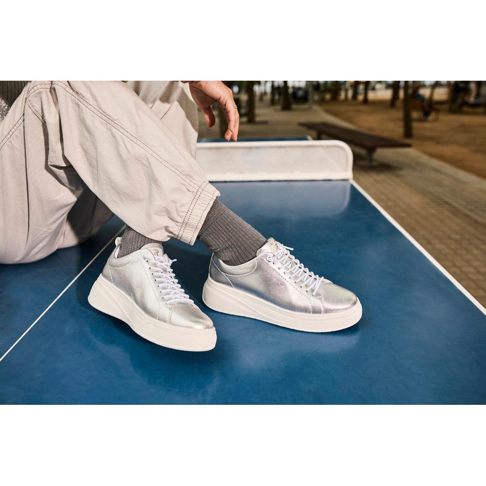 Rieker W2301-90 ladies silver leather lace-up sneakers, stylish and comfortable footwear with chunky soles.