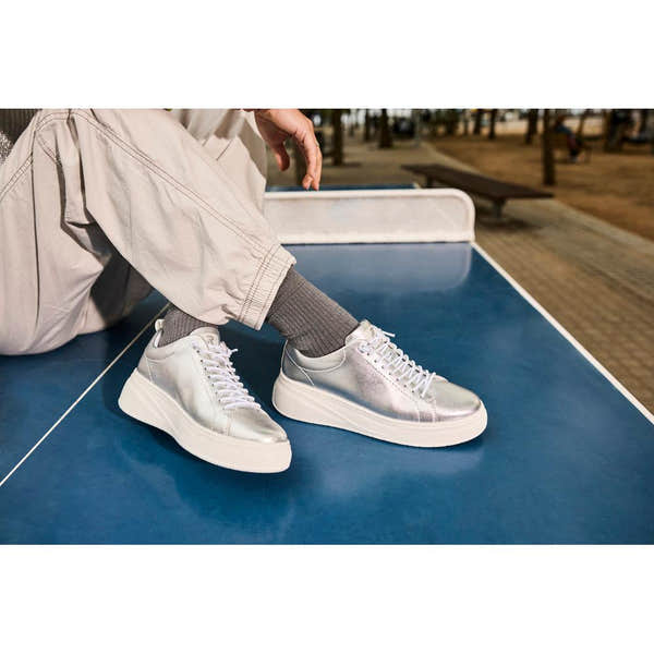 Rieker W2301-90 ladies silver leather lace-up sneakers, stylish and comfortable footwear with chunky soles.