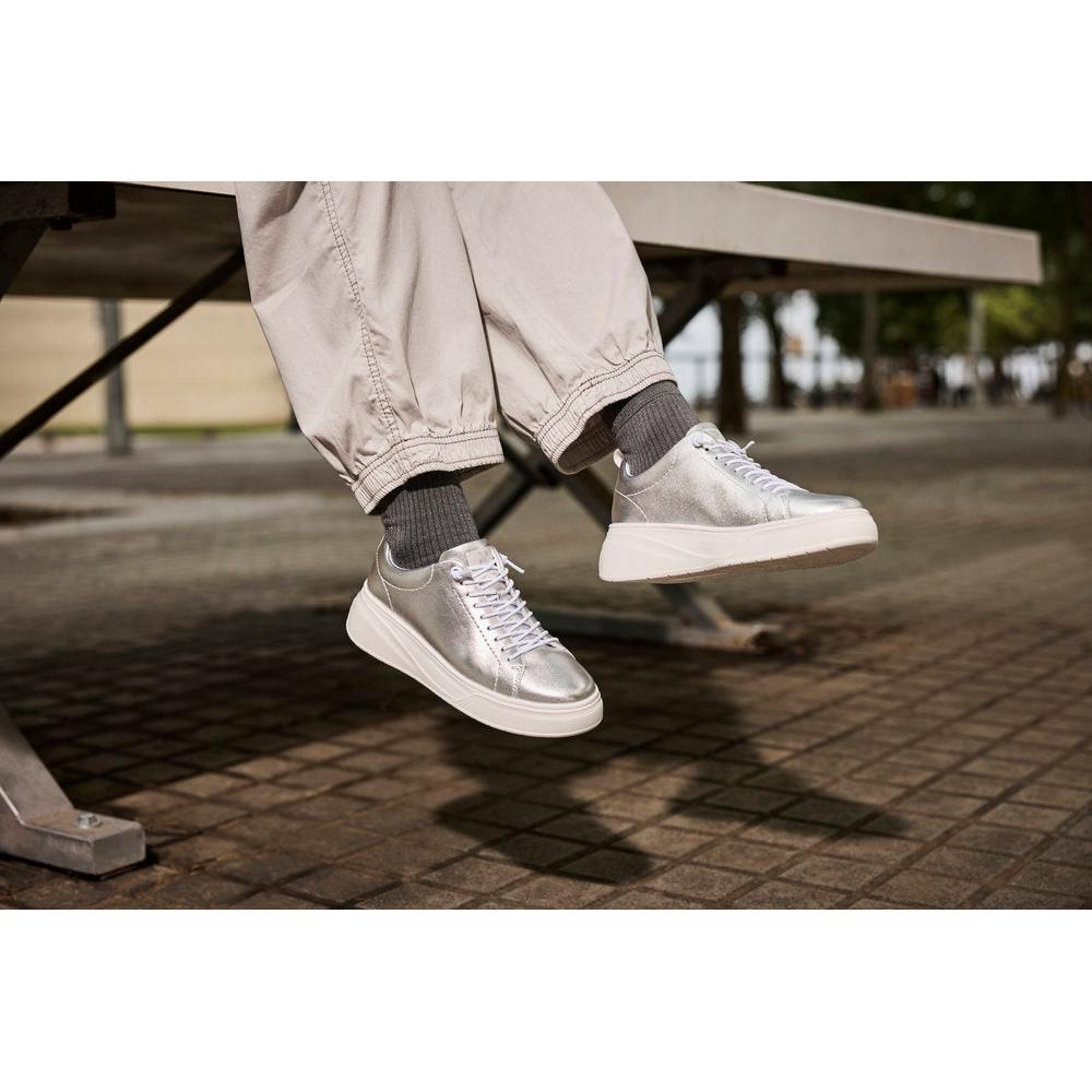 Rieker W2301-90 women's silver leather lace-up sneakers, stylish high-top shoes with white soles and casual design.