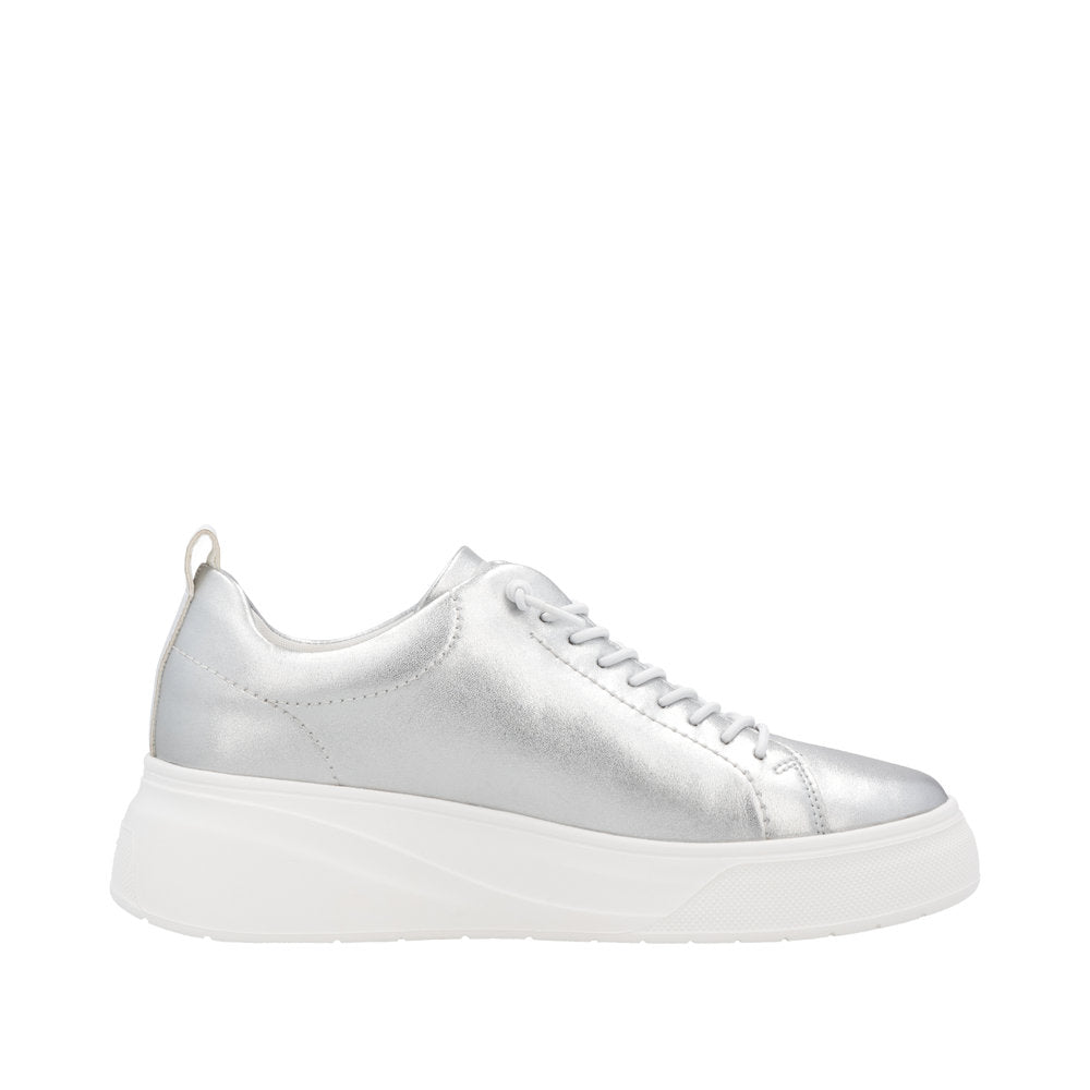 Rieker W2301-90 women's silver leather lace-up sneakers with chunky white sole, stylish and comfortable footwear.