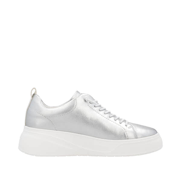 Rieker W2301-90 women's silver leather lace-up sneakers with chunky white sole, stylish and comfortable footwear.