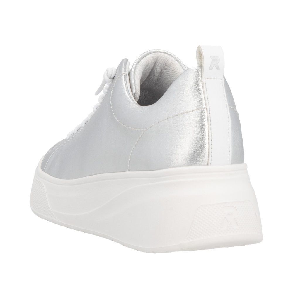 Rieker W2301-90 women's silver leather lace-up sneakers with chunky sole and pull tab, stylish and comfortable footwear.