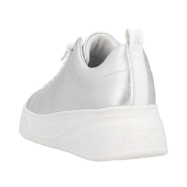Rieker W2301-90 women's silver leather lace-up sneakers with chunky sole and pull tab, stylish and comfortable footwear.