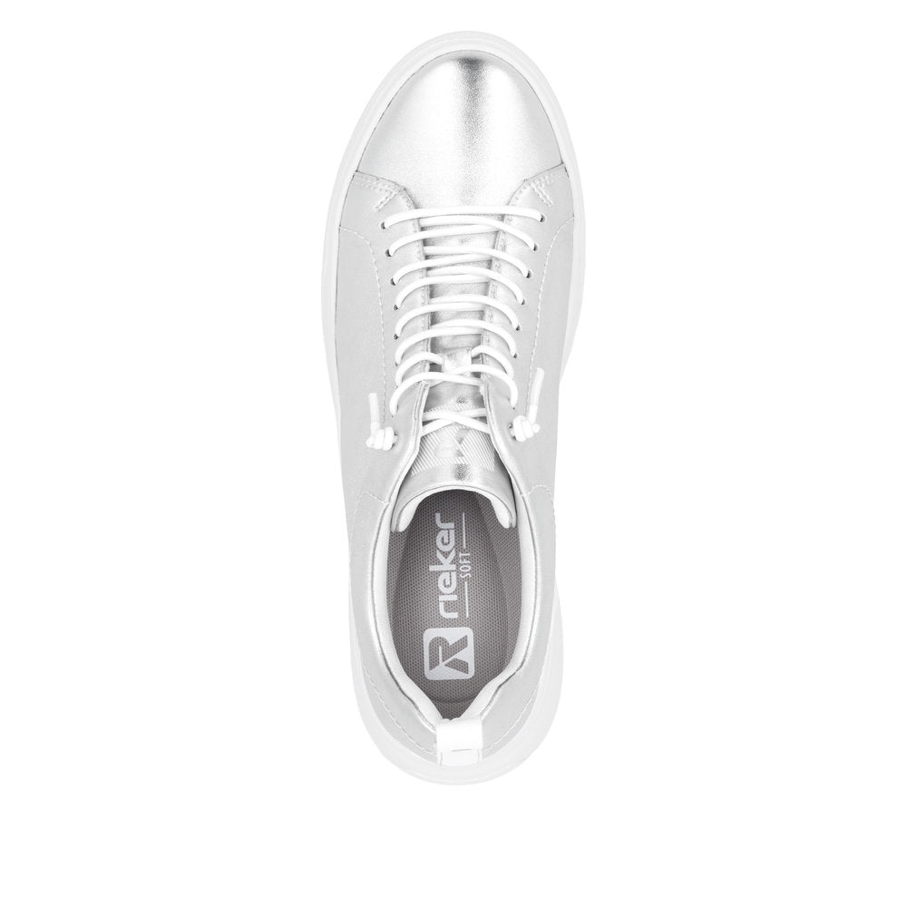 Rieker W2301-90 women's silver leather lace-up sneakers with stylish design and cushioned insole.