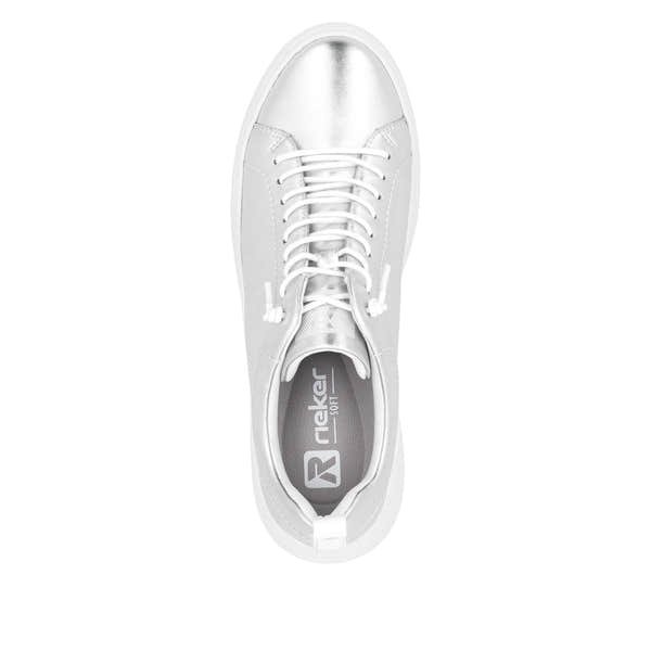 Rieker W2301-90 women's silver leather lace-up sneakers with stylish design and cushioned insole.