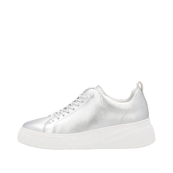 Rieker W2301-90 ladies silver leather lace-up sneakers with chunky platform sole, stylish and comfortable footwear.