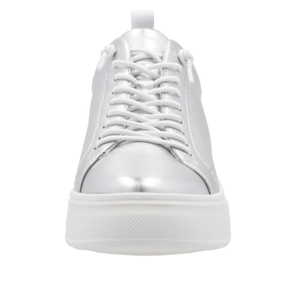 Rieker W2301-90 ladies silver leather lace-up sneakers with a chunky white sole.