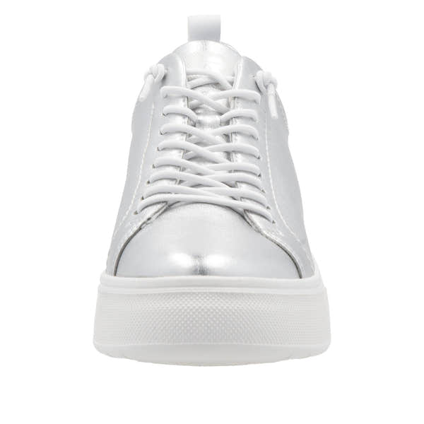 Rieker W2301-90 ladies silver leather lace-up sneakers with a chunky white sole.