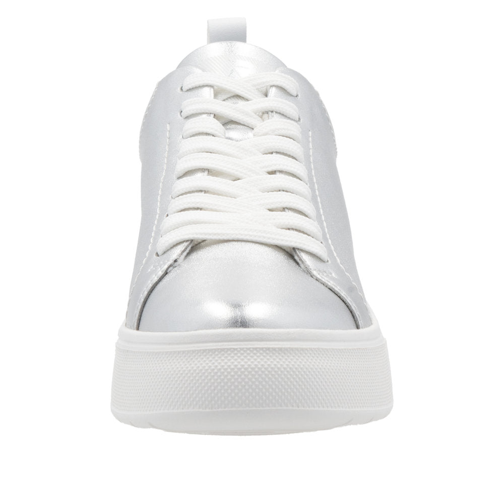 Rieker W2301-90 ladies silver leather lace-up sneakers with white soles and padded collar.