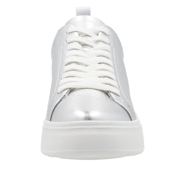Rieker W2301-90 ladies silver leather lace-up sneakers with white soles and padded collar.