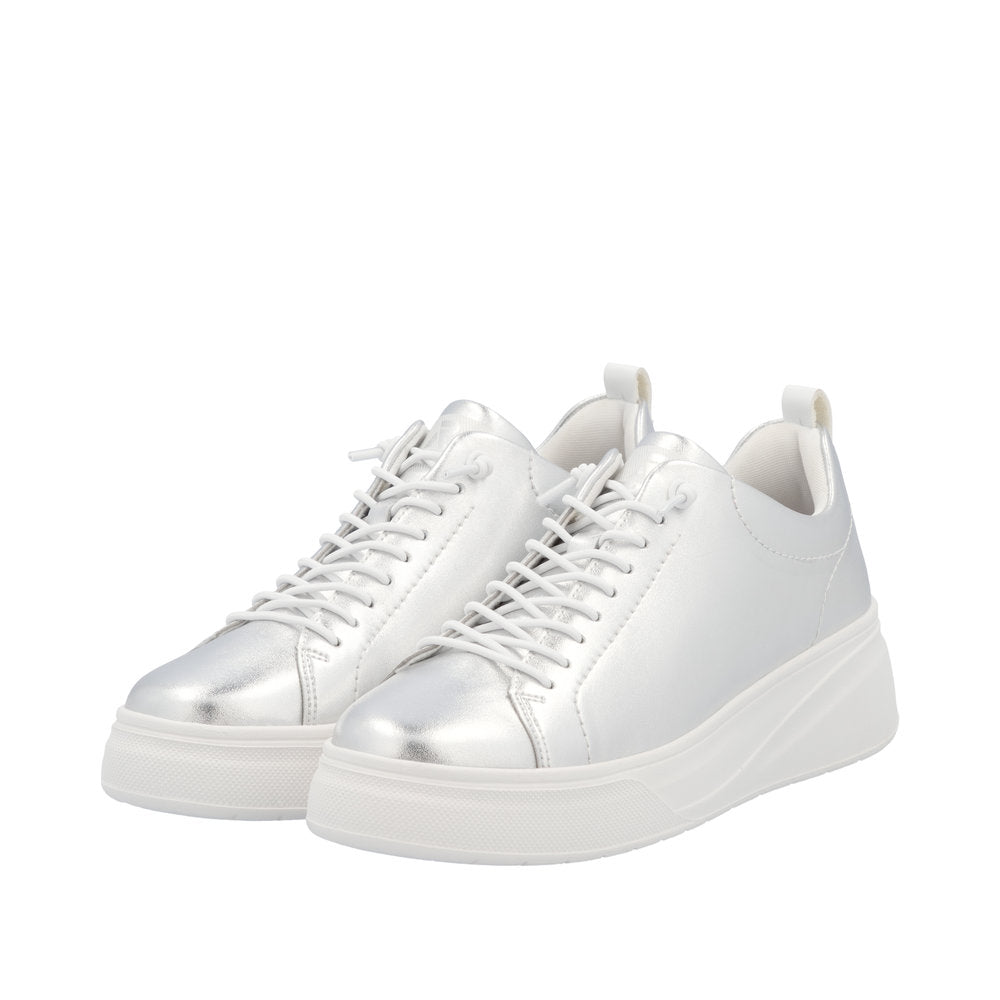 Rieker W2301-90 ladies silver leather lace-up sneakers with chunky sole, stylish modern design, and comfortable fit.