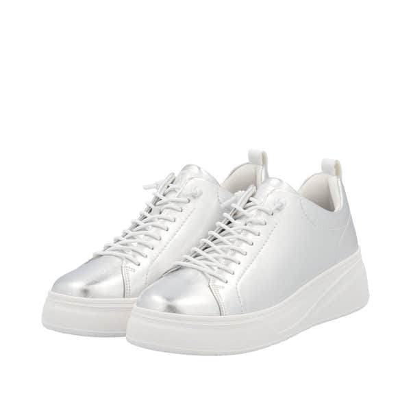 Rieker W2301-90 ladies silver leather lace-up sneakers with chunky sole, stylish modern design, and comfortable fit.