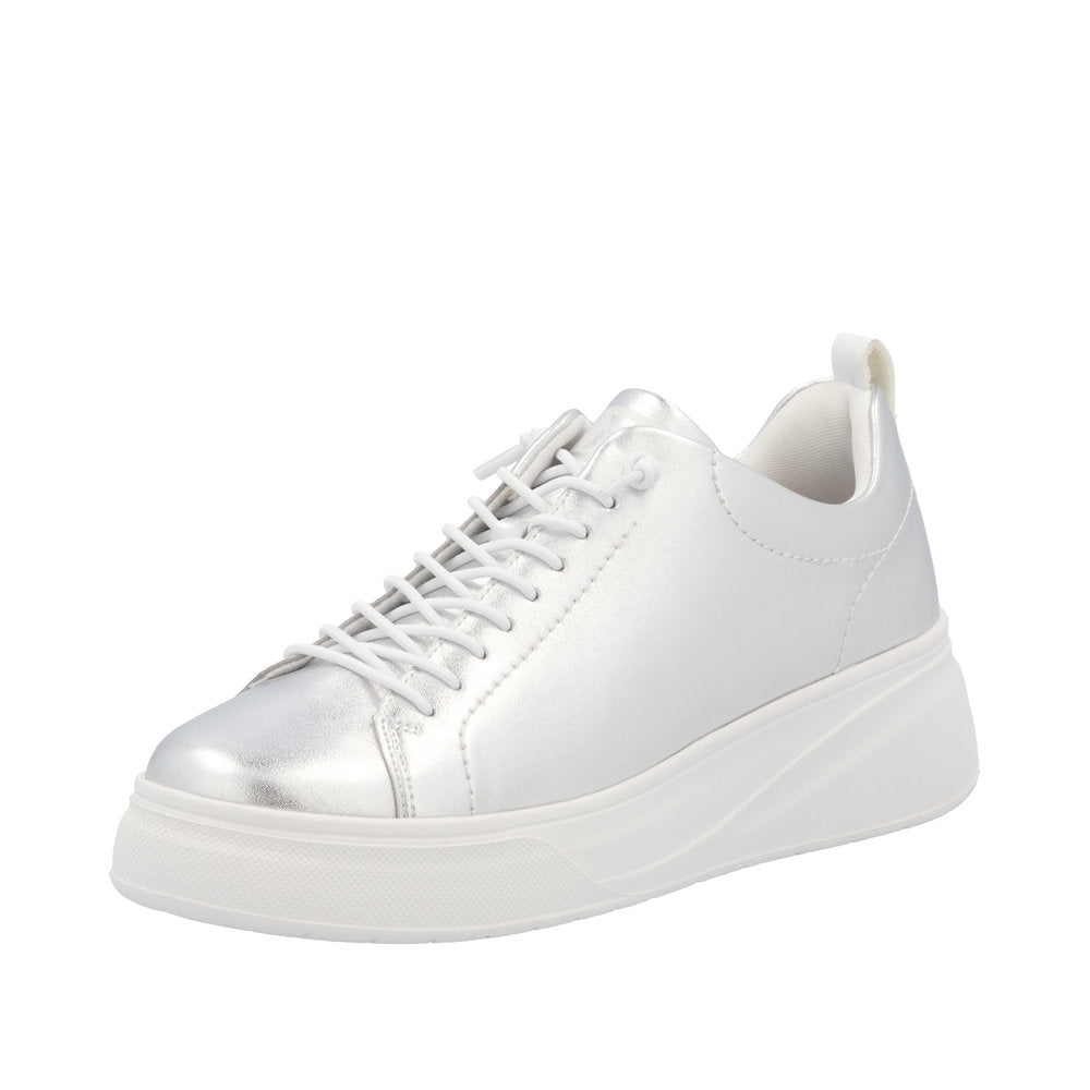 Rieker W2301-90 ladies silver leather lace-up sneakers with chunky sole and sleek design.